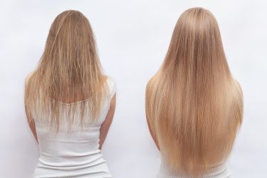 Woman before and after hair extensions on white background. Hair extension, beauty, tress, hair growth, styling, salon concept. Lenght and volume.